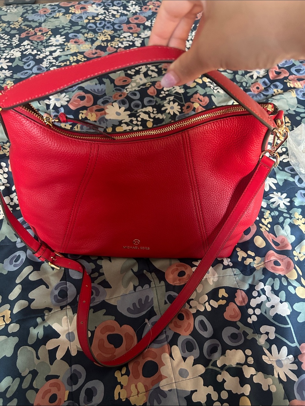 Michael Kors Bright Red Pebbled Leather Shoulder Bag with Gold Hardware